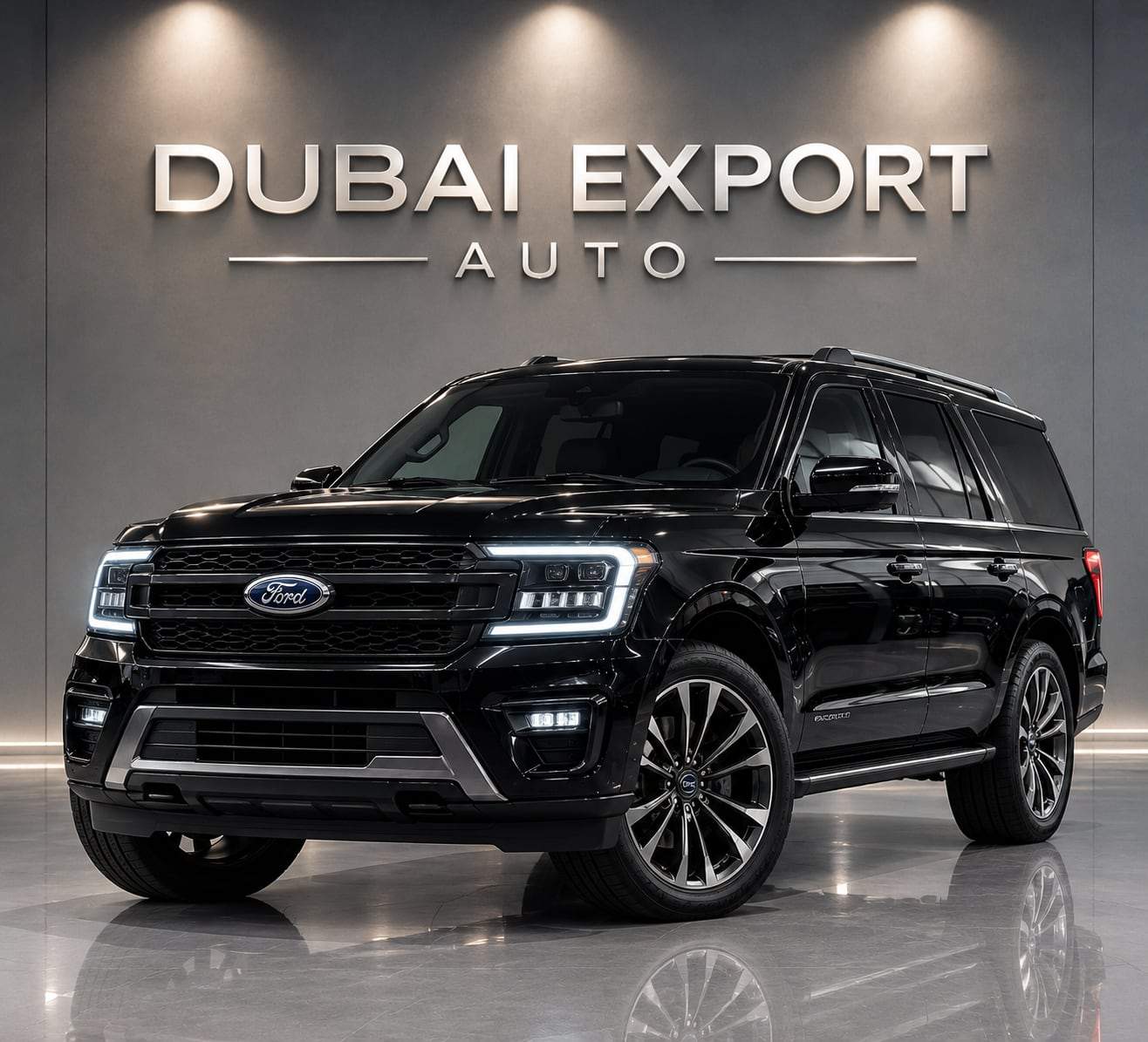 Black Ford Expedition in a showroom with the Dubai Export Auto sign